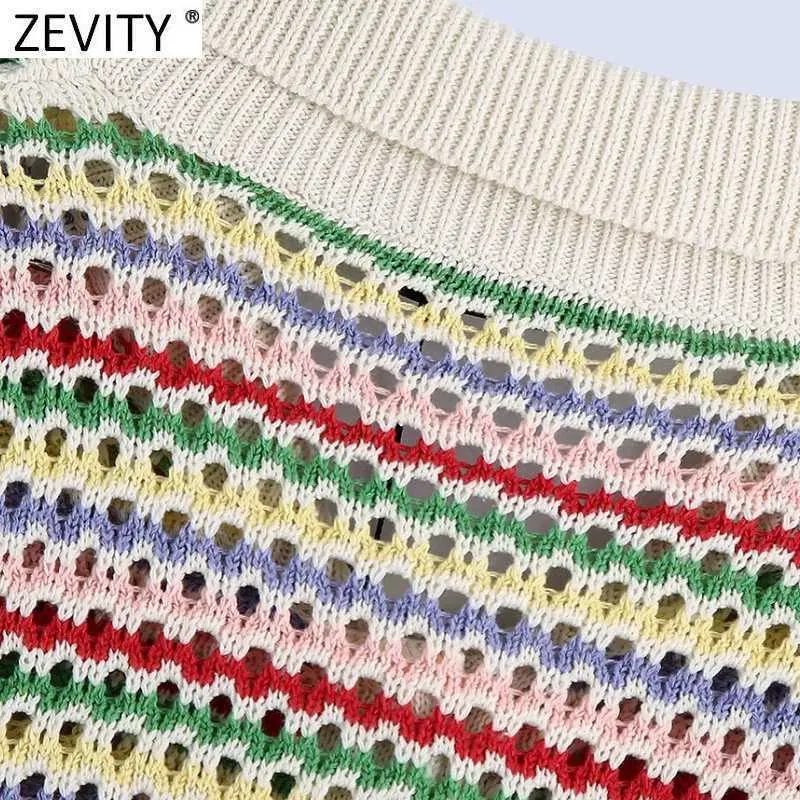 Zevity Femmes Rainbow Rayé Imprimer Creux Crochet Tricoté Pull Manteau Femme Chic Poitrine Jacquard Cardigan Tops SW803 210812