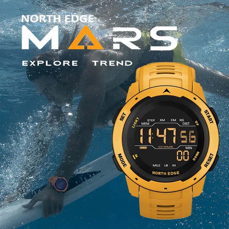 NORTH EDGE Herren-Digitaluhr, Sportuhr, Dualzeit, Schrittzähler, Wecker, wasserdicht, 50 m, Militär, 220212237x