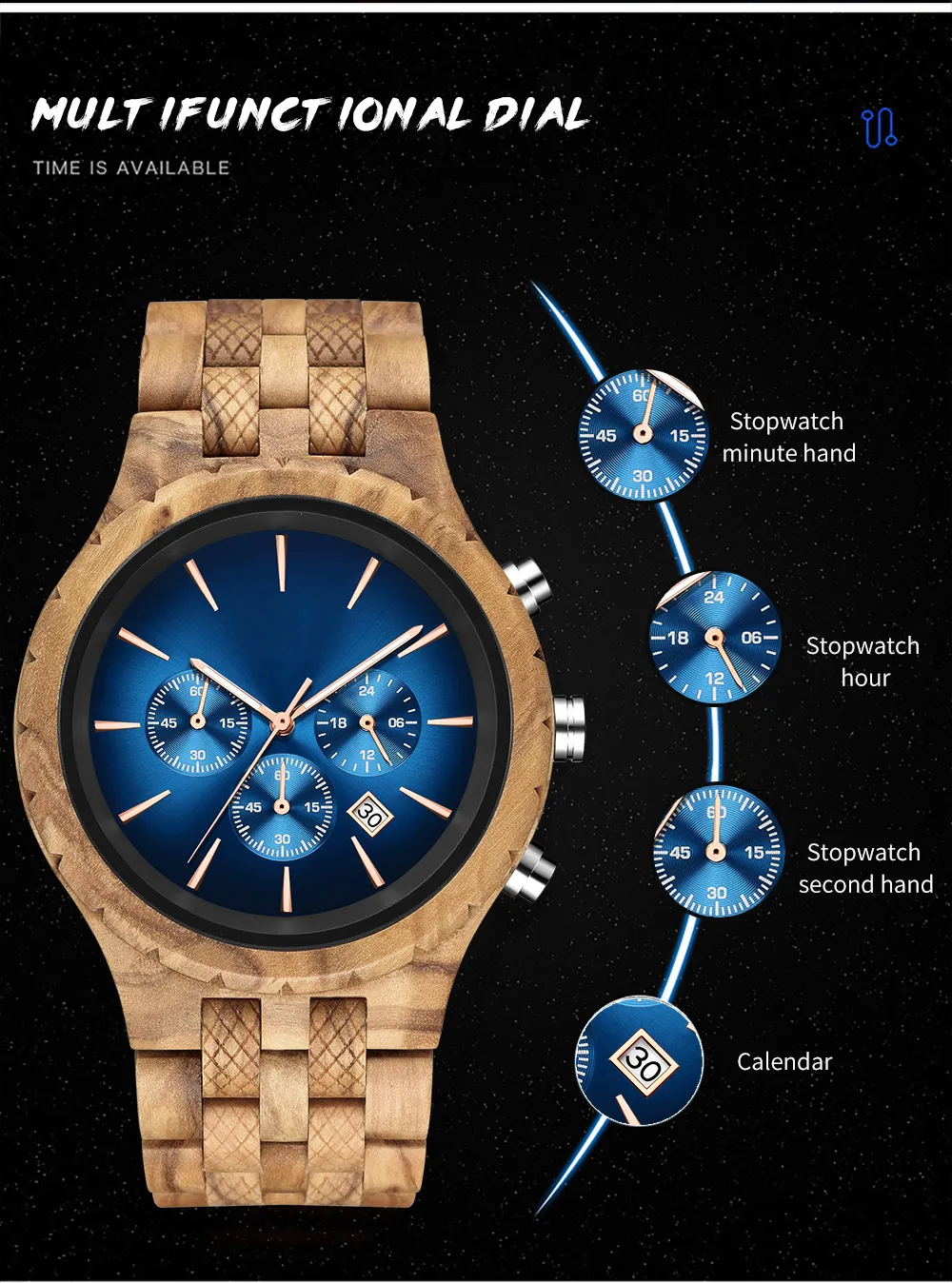 メンズウッドウォッチ豪華な多機能木製時計メンズクォーツレトロウォッチメンファッションスポーツwristwatch2688