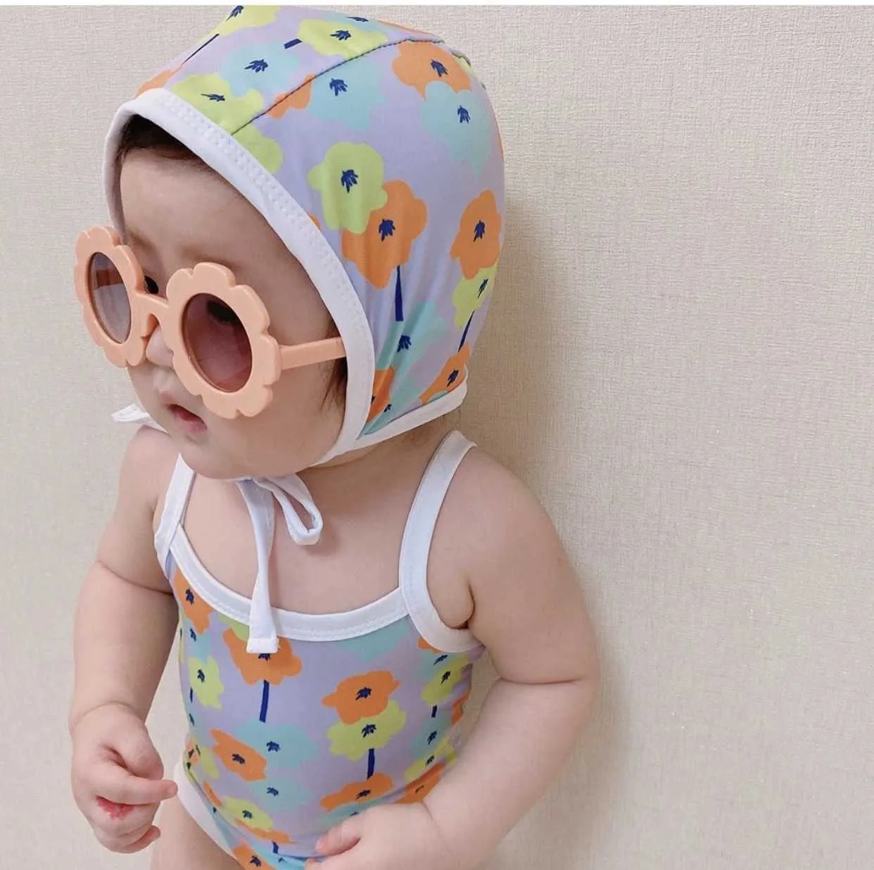 Children's Swimsuit + Swimming Cap Baby Girl Flower Print Spring Beach Swimming Suit baby swim wear 210701