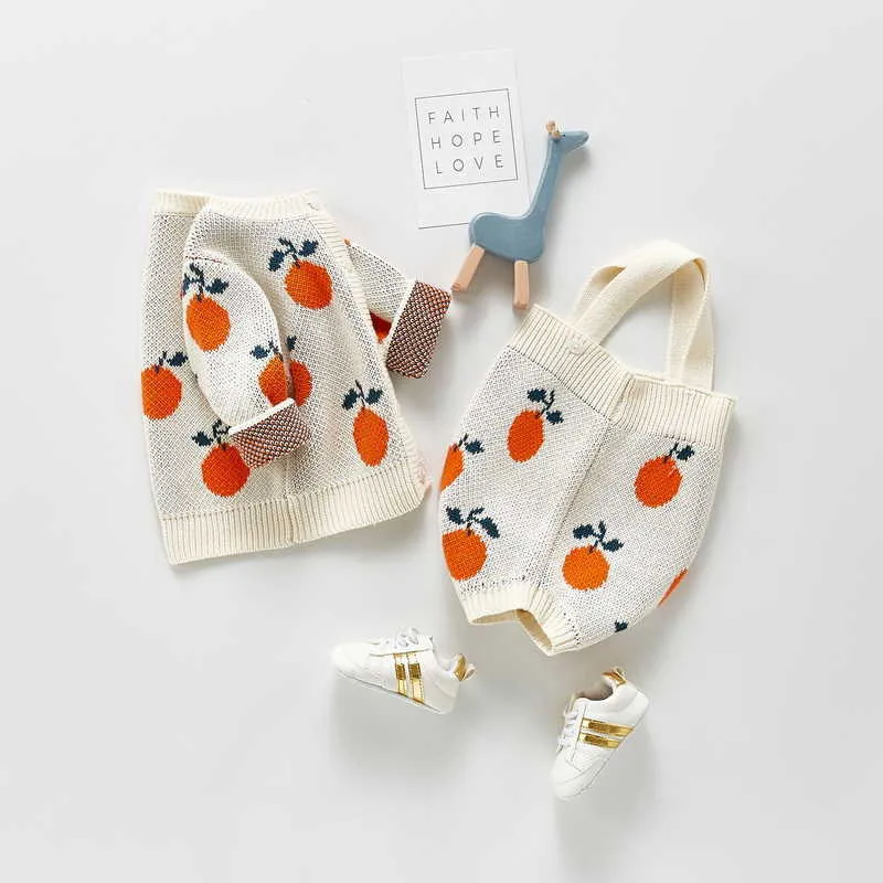 Spring Baby Girl 2-шт. Устанавливает боди + открытый стежок свитер мультфильм оранжевый комбинезон моды варенье рожденная одежда E05 210610