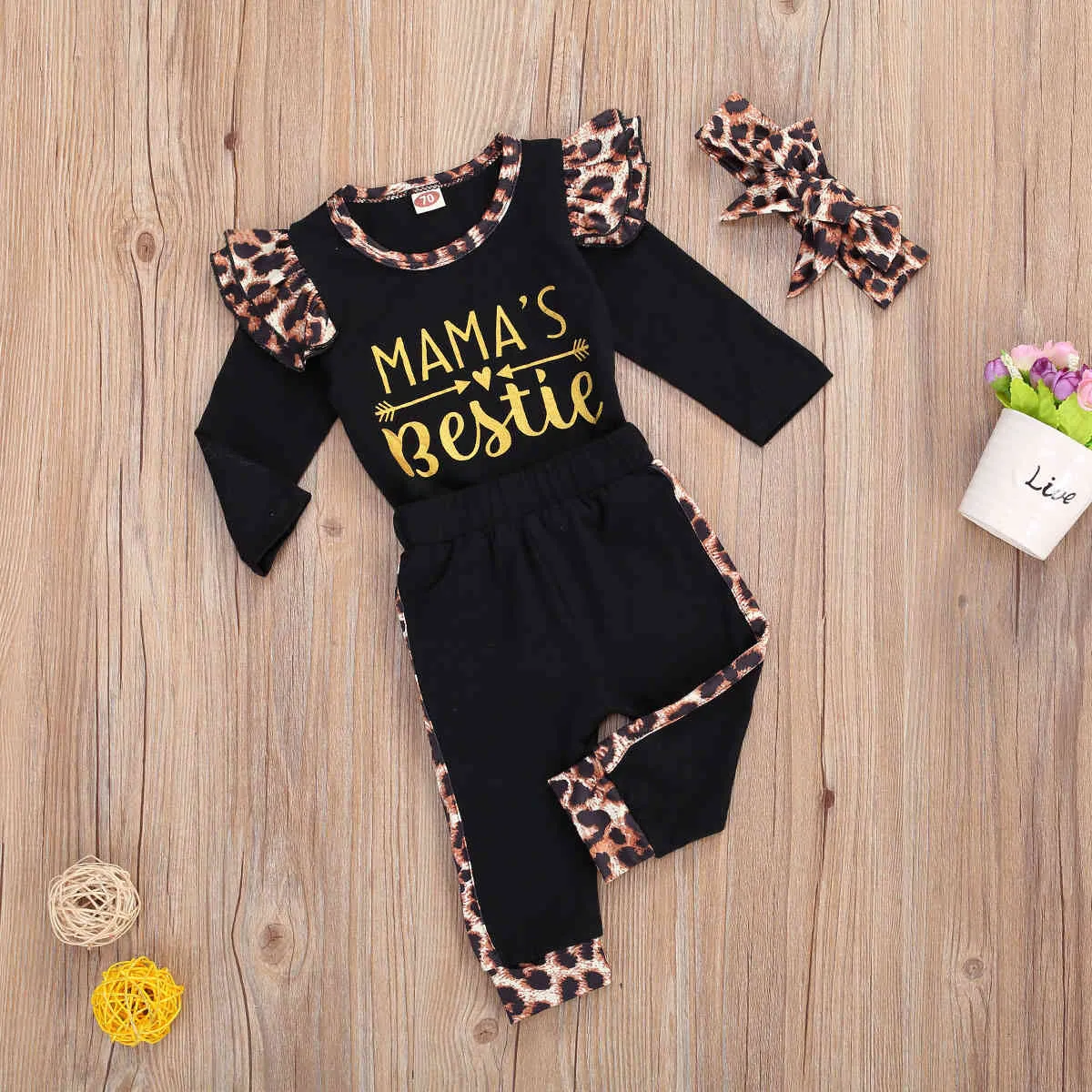 0-24M born Infant Baby Girl Leopard Clothes Set Letter Ruffles Romper Pants Headband Outfits 210515