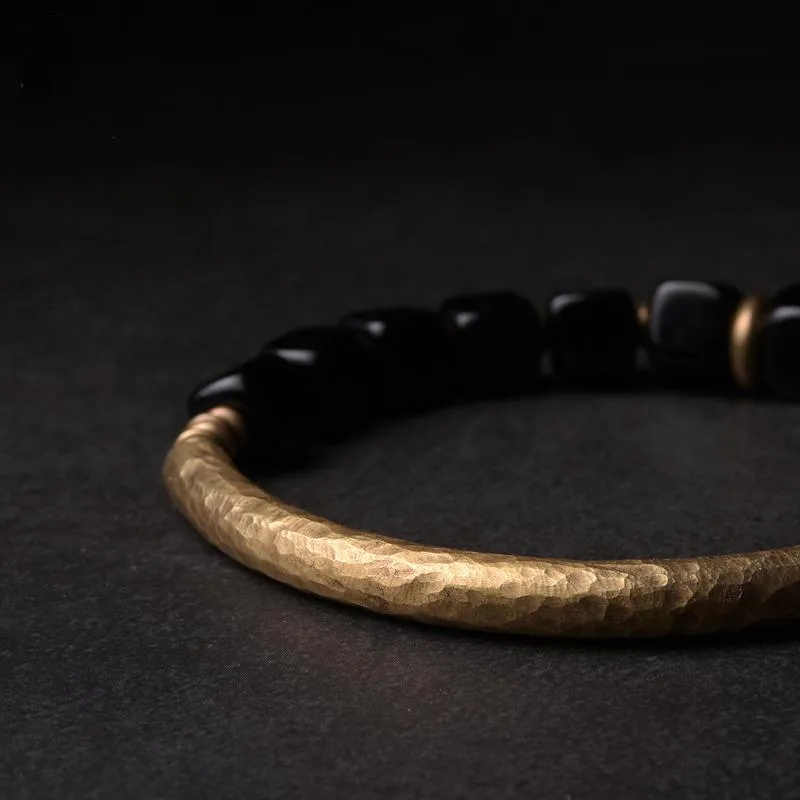 Trendy beschermingssteen kubieke zwarte obsidiaan armband met handgemaakte antieke koperen accessoires sieraden voor mannen en vrouwen Beaded250n