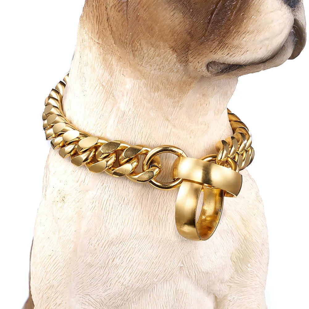 14 mm mody obroża łańcucha psów złoty stal ze stali nierdzewnej Kołnierze dla dużych psów dla dużych psów mocny naszyjnik na buldog francuski P0835799169