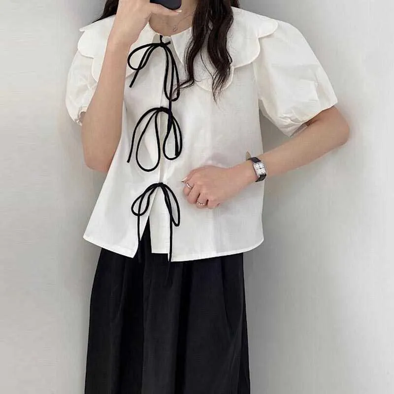 Korejpaa Dames Sets Zomer Koreaanse Chique Dames Zoete Retro Doll Neck Tie Bowknot Puff SHIRT Hoge Taille Losse Rok 210526