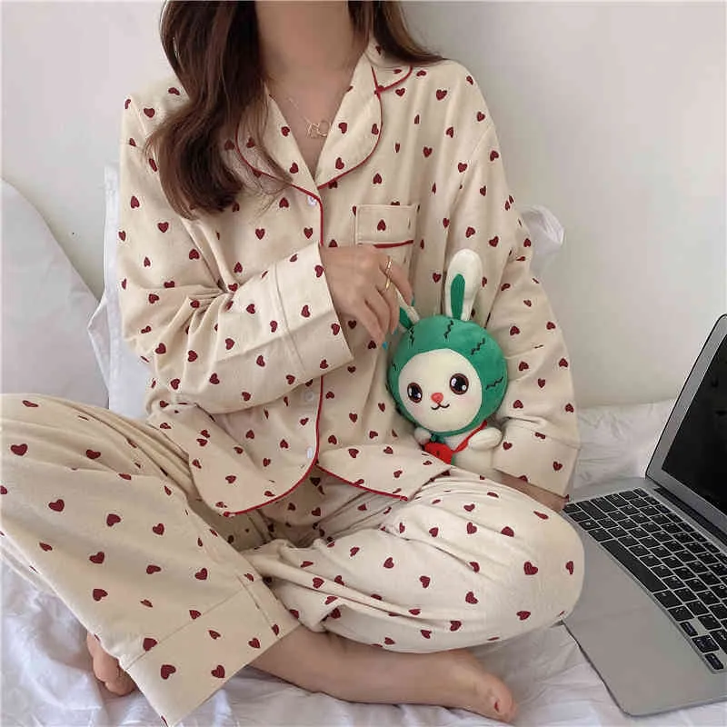 Cuori stampati All Match Donna Sweet Chic Sleepwear Loose Homewear Eleganti ragazze Lady Pigiama Set 210525