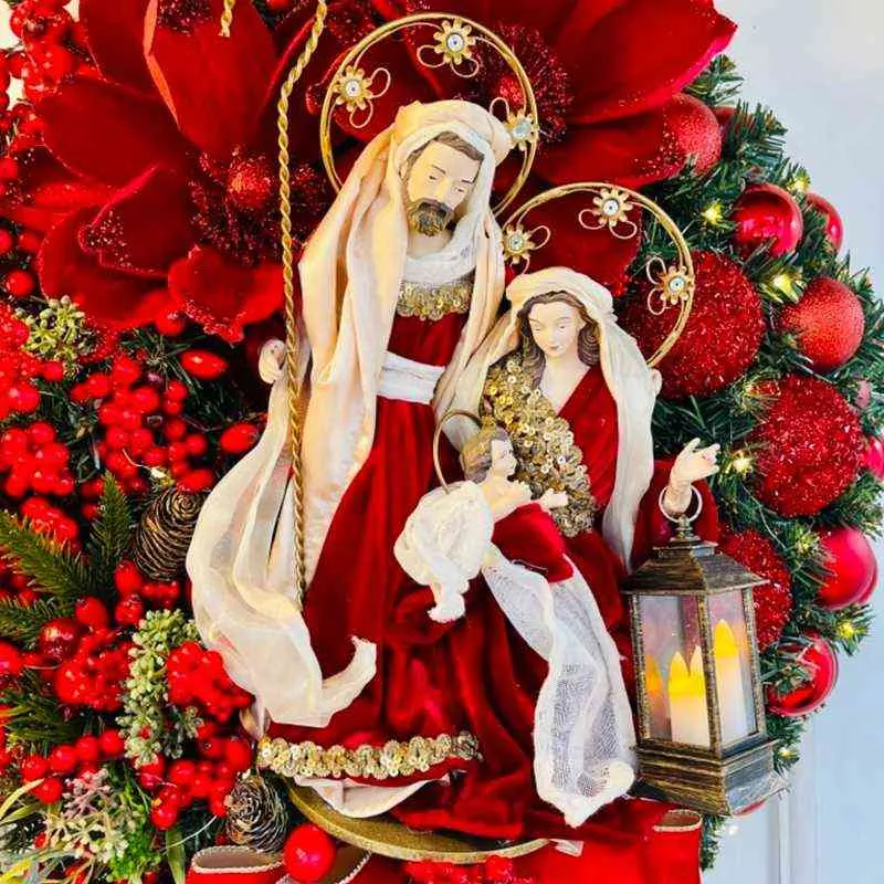 2022 Sacred Christmas Wreath with Lights Artificial Hanging Ornaments Front Door Wall Decorations Merry Christmas Tree Wreath 211104