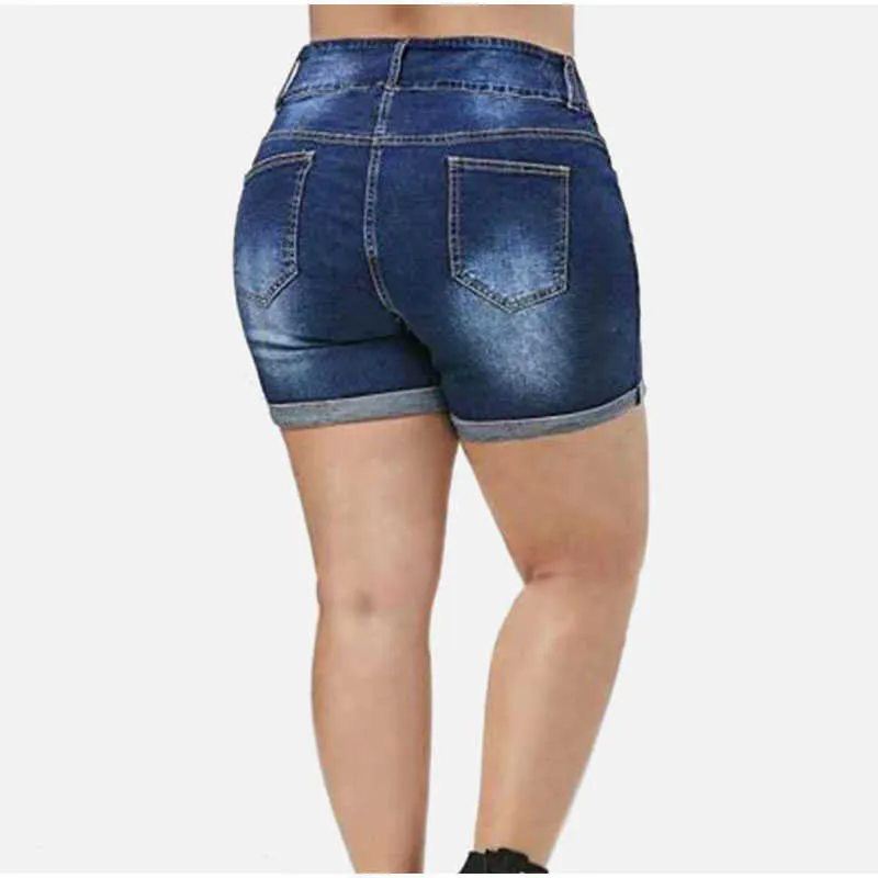 Plus Size Streetwear Push Up Slim Hip Cuffed Short Jeans 3XL 4XL Zomer Koreaanse Gaten Dames Gescheurde Casual Denim Shorts 210719