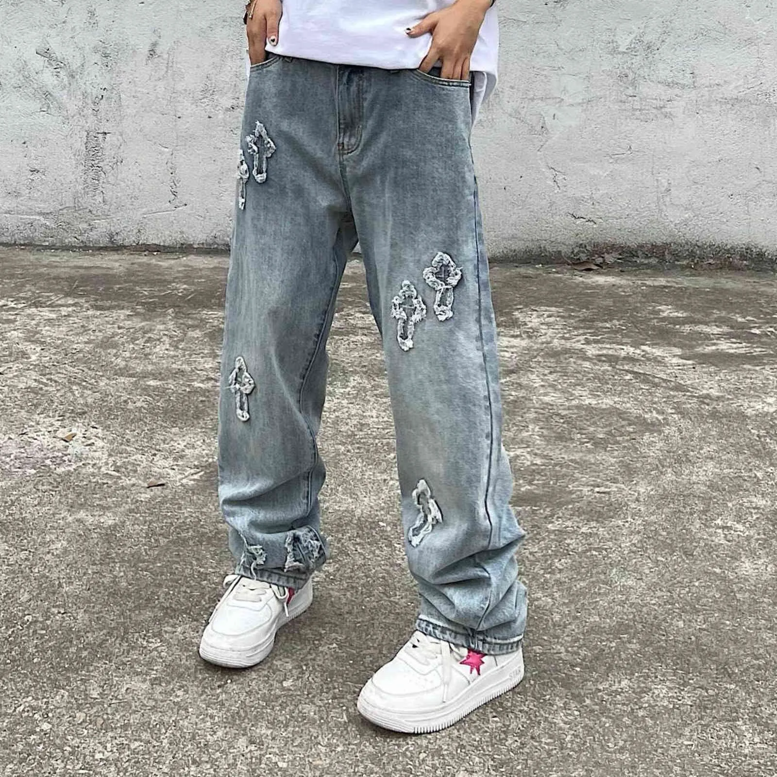 Hommes Mode High Street Pantalons Broderie Croix Jeans / Femmes Streetwear Lâche Hiphop Vêtements décontractés 211111