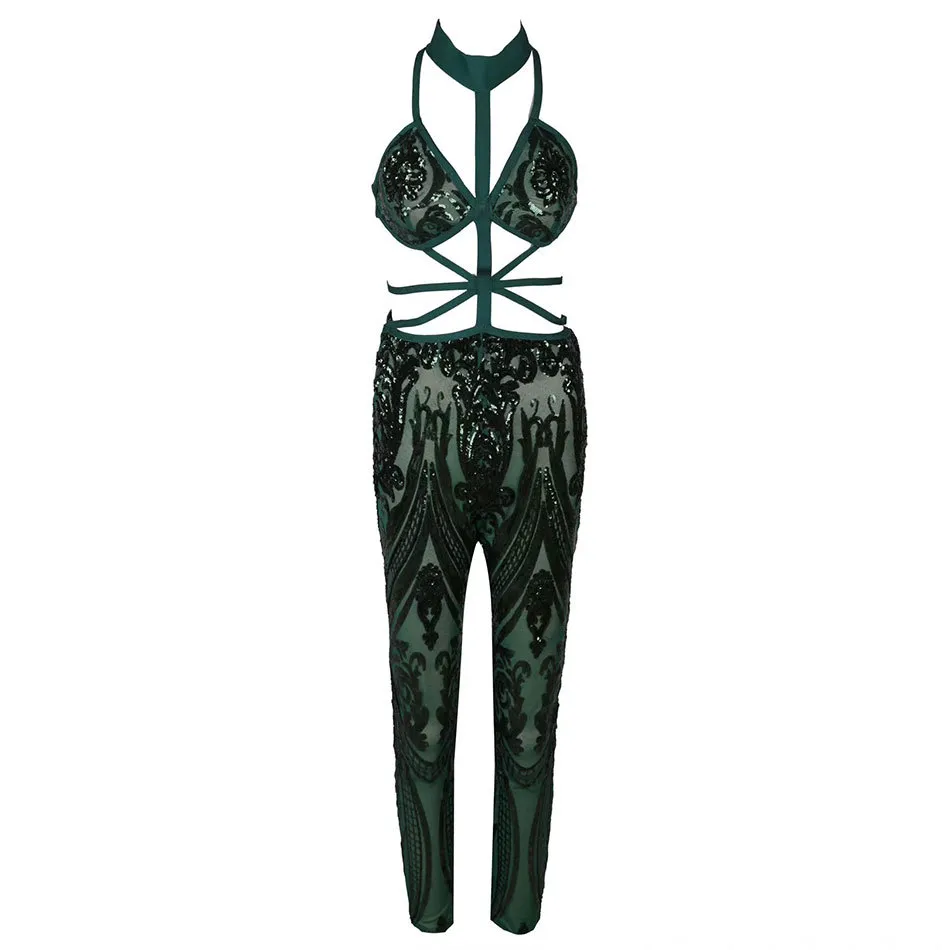 Malha de Malha Feminina Grátis Jumpsuit Green Green Sexy Sem Mangas Hollow Back Club Party 210524