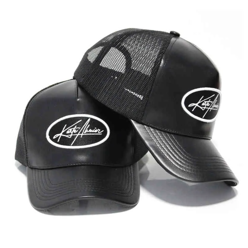 Новые тенденции черные пользовательские 5-панельные кепки из искусственной кожи mh дальнобойщика шляпы оптовая продажа1887768