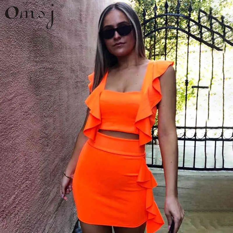 OMSJ Neon Pink Grün Orange Rüschenkleid Sommer Casual Outfit Zweiteiliges Crop Top Mini Fashion Night Club Set 210517