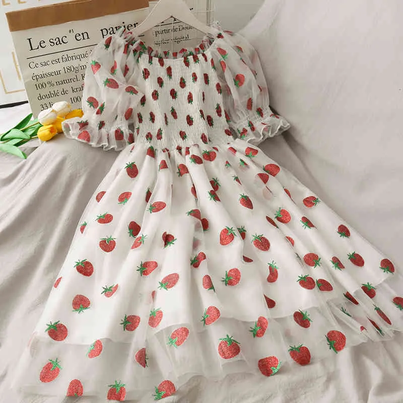 Kimutomo filles robe fraises imprimer doux Style frais femme Slash cou taille haute maille plissé Vestidos Kawaii 210521