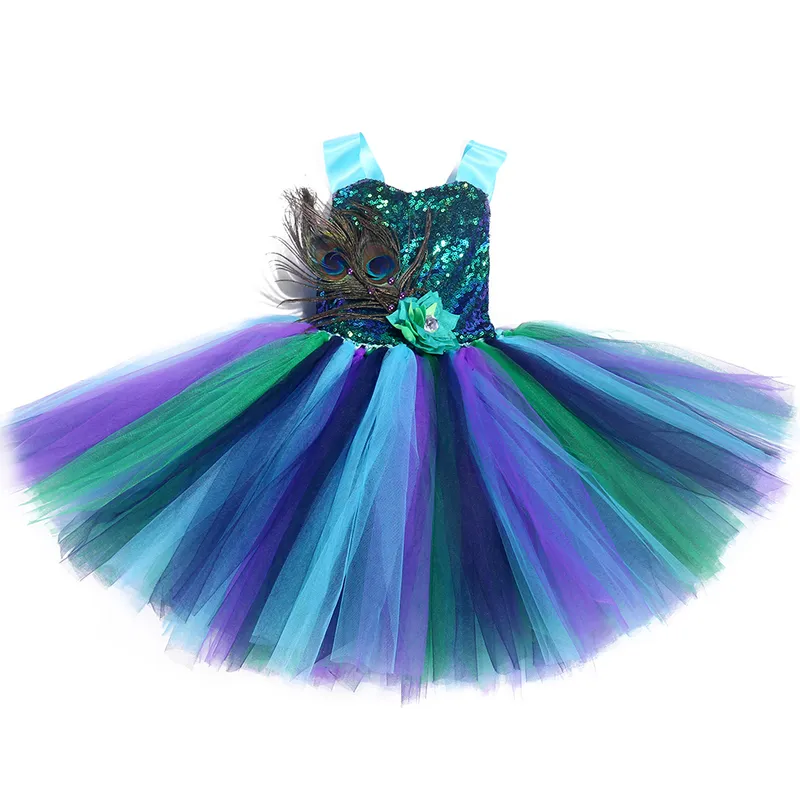 Цветочные перья девушки павлин павлин павлин павч-платье для детей Tulle Princess Peacock Costume для девочек, конкурсный на Хэллоуин день рождения платье 220309