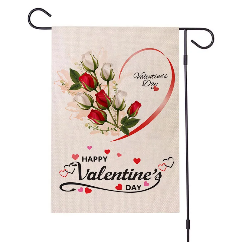 Valentinstag-Gartenbanner-Flaggen „Love Happy Courtyard“-Leinen, doppelseitiger Druck, Rosenblumen-Flagge