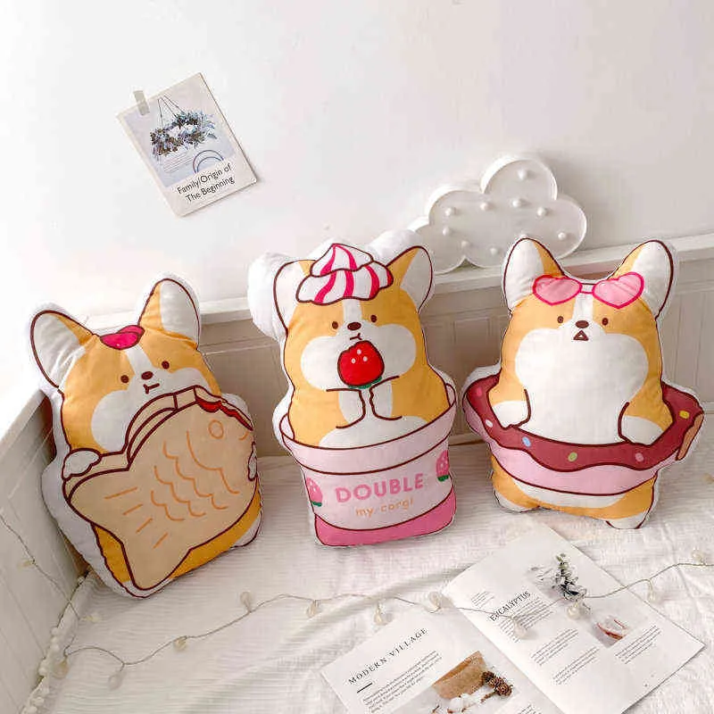 Dessin animé imprimé Corgis chien en peluche oreiller en peluche mignon Emtions crème glacée Taiyaki biscuits rouge beignet coussin canapé coussin Y211119