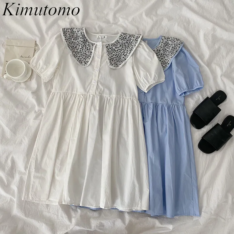 Kimutomo Koreansk Chic Dress Summer Women's Fashion Girls Peter Pan Collar Kortärmad Hög Slank Midja Solid Vestido 210521