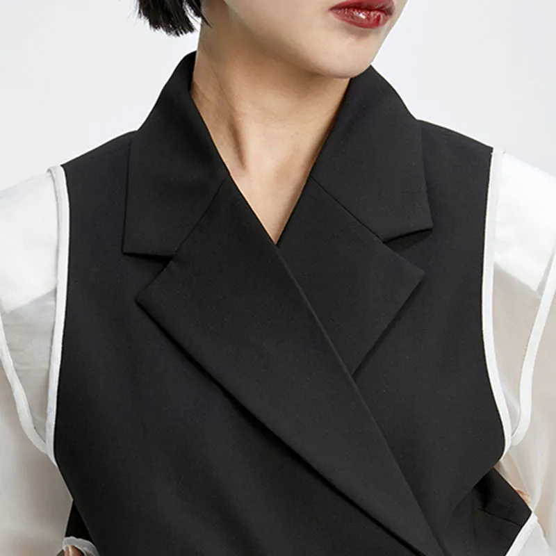 [EAM] Women Black Spliced Mesh Asymmetrical Blazer Lapel Long Sleeve Loose Fit Jacket Fashion Spring Summer 1DD7295 21512