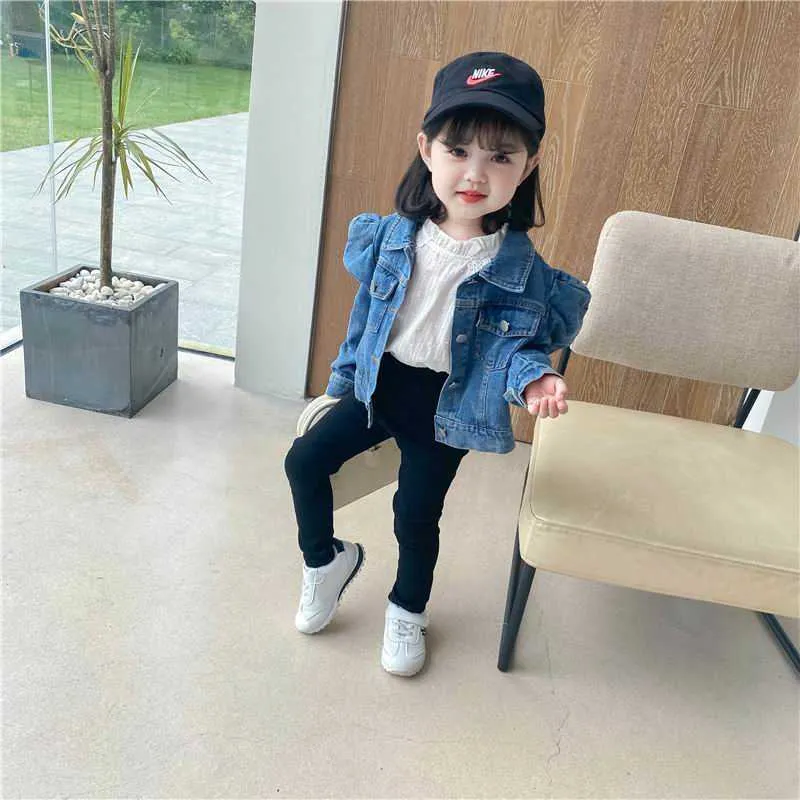 Sonbahar Kız Ceketler Bebek Kız Mont Mavi Denim Puf Kollu Casual Çocuklar Giysi için E17034 210610