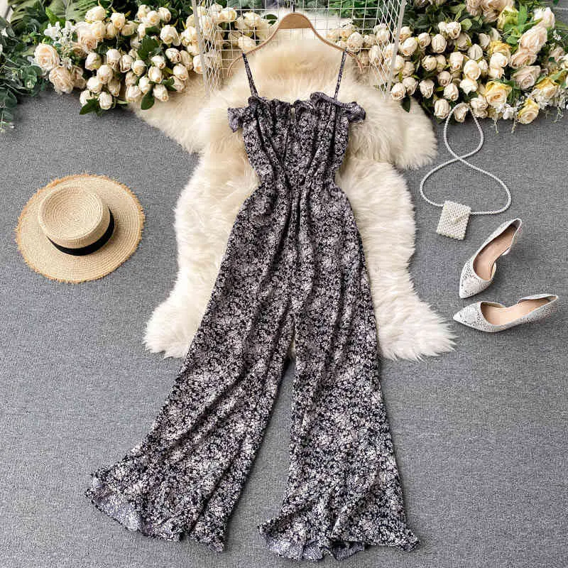 Singreiny Dames Floral Strap Jumpsuits Zomer Ontwerp Mode Mouwloze Rompertjes Sexy Off Shoulder Ruches Wide Poot Long Rompertjes 210419