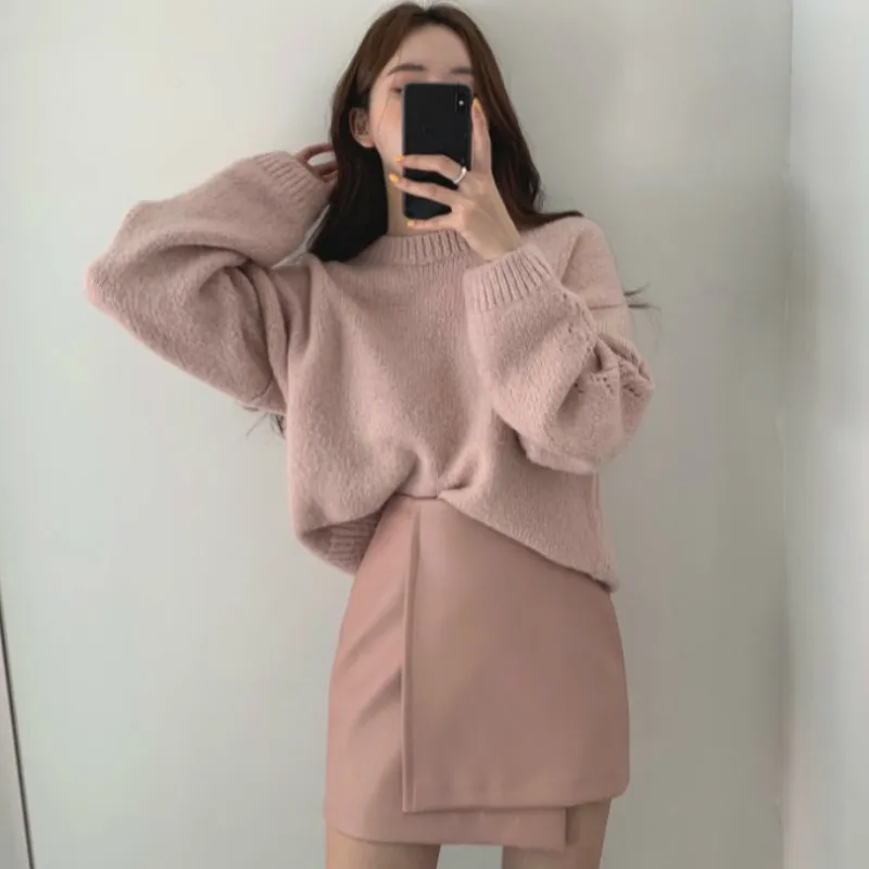 Ezdgaga Vintage Styl Francuski Dwa kawałek Zestaw Kobiety Chic Różowy sweter Pullover i Skórzane Spódnice Y2K Eleganckie Jumper Ladies Topy 210430