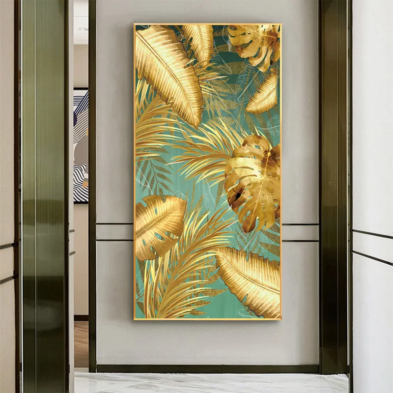 Cuadros abstractos de hojas doradas, pintura en lienzo, imágenes artísticas de pared para sala de estar, decoración del hogar, carteles de plantas tropicales e impresiones