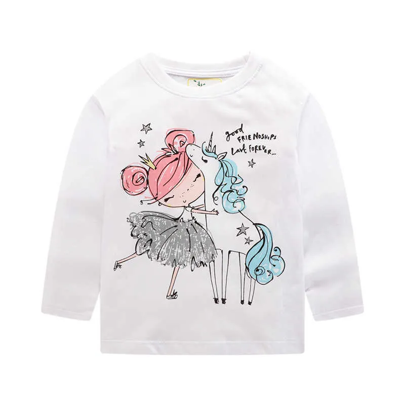 Jumping Meters Unicorn Meninas Manga Longa T Camisetas 100% algodão Ops Crianças Animais Roupas Outono Primavera Crianças 210529