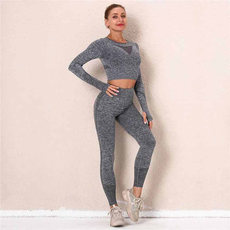 Hamidou Women Energy Seamless Sets 2 stks Gym Suits Lange Mouwen Top + Push-up Leggings Hoge Taille Broek Running Yoga 210802