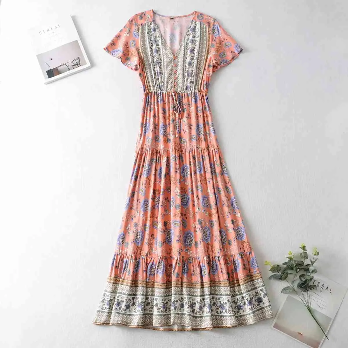 Foridol Blumendruck Boho Sommer Langes Kleid Lässiger Knopf V-Ausschnitt Strand Maxikleid Frauen Baumwolle Vintage Weißes Urlaubskleid 210415