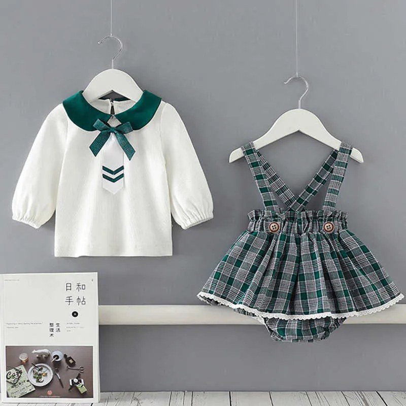 2 adet Bebek Kız Kore Prenses Elbise Bebek Yeşil Ekose Vestidos Toddler Butik Giysiler Kazak 210615 ile Doğmuş
