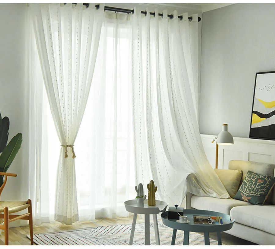 Wit linnen raamschermen verticale strepen met katoenen bal tule gordijn voor woonkamer moderne grijze tule cortinas my350c 210712