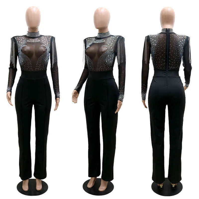 Sheer Mesh Patchwork Wide Leg Jumpsuit Femmes Night Club Tenues D'anniversaire Gland De Luxe Scintillant Barboteuses Combinaisons 211115