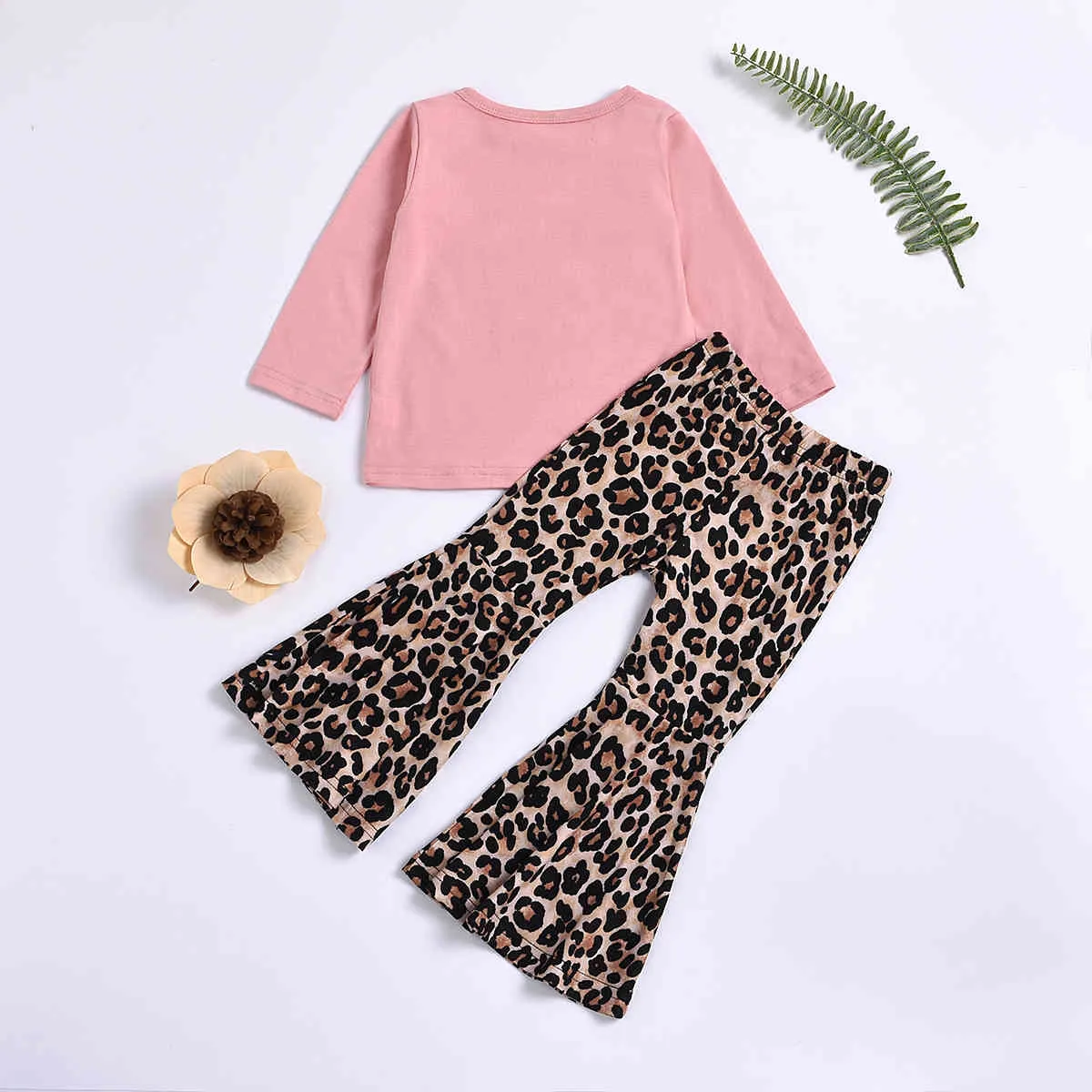 6M-3Y Otoño Primavera Niño Niño Bebé Niñas Ropa Conjunto Letra Manga larga Tops Pantalones Flare Pantalones Leopardo Trajes 210515