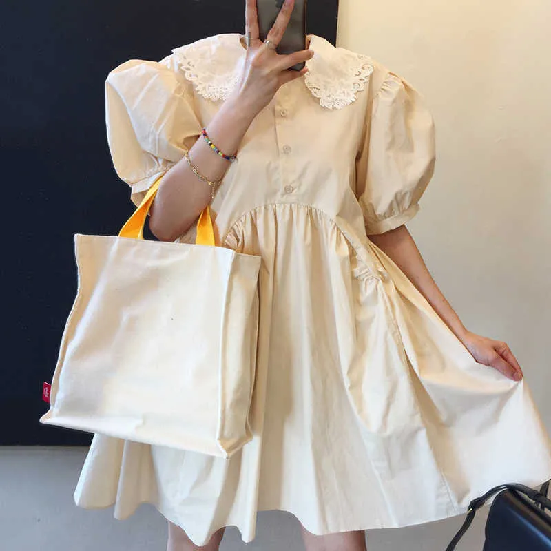 Korejpaa Women Dress Summer Korean Chic French Retro Lace Doll Collar Loose Single Row Button Bubble Sleeve Vestido 210526