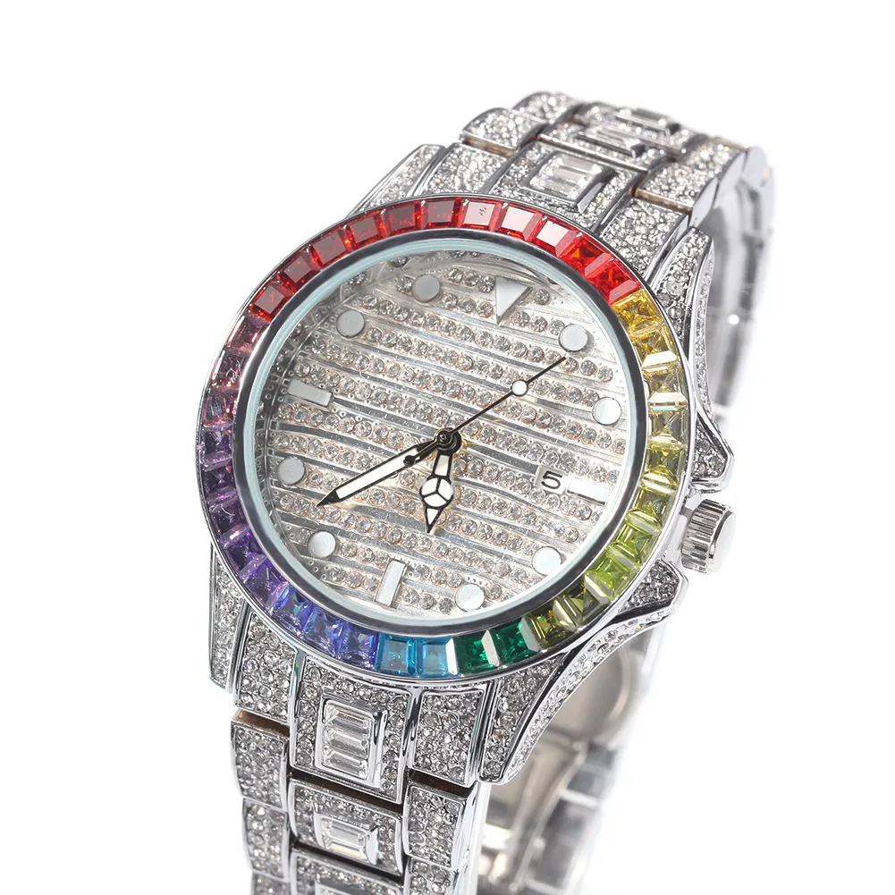 Nuevo Hip Hop Colorful Watch de alta calidad 316L Cubierta de acero inoxidable Cubierta completa Relojes de correa de cristal de diamantes de cuarzo PU245H