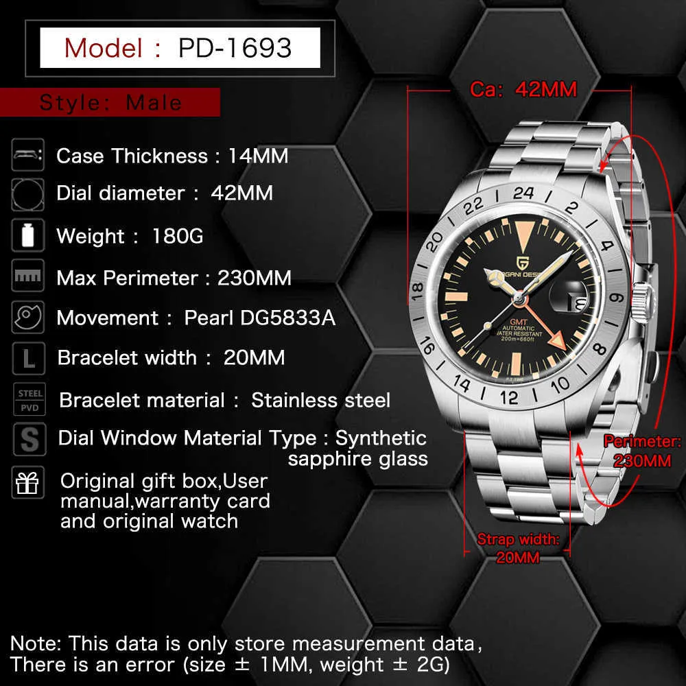 Pagani Design Top Marque 42mm Montres mécaniques automatiques pour hommes Luxe Sapphire Acier inoxydable Hommes Montre Reloj Hombre 210804