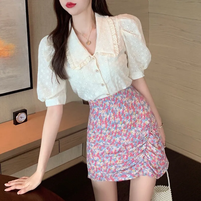 Summer Set Women Casual Puff Sleeve Shirt Blouse + Floral Mini Bodycon Skirt Sets Holiday Female Streetwear Suits 210514