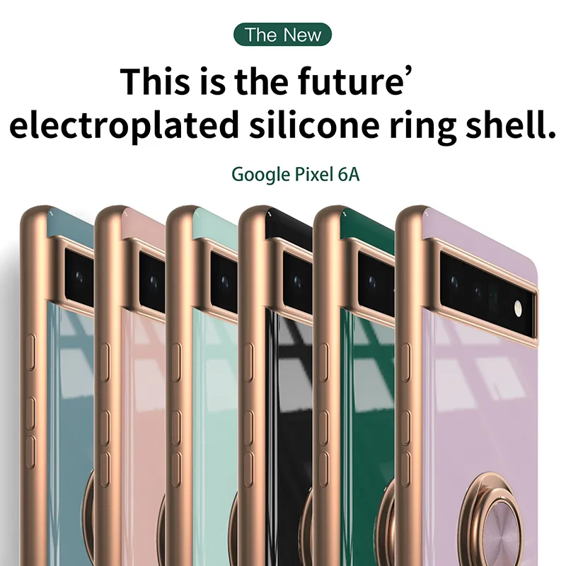 Google Pixel 6A 6에 대 한 손가락 반지 홀더 스탠드가있는 전화 케이스 Original Luxury Brand Plating 범퍼 실리콘 커버 액세서리