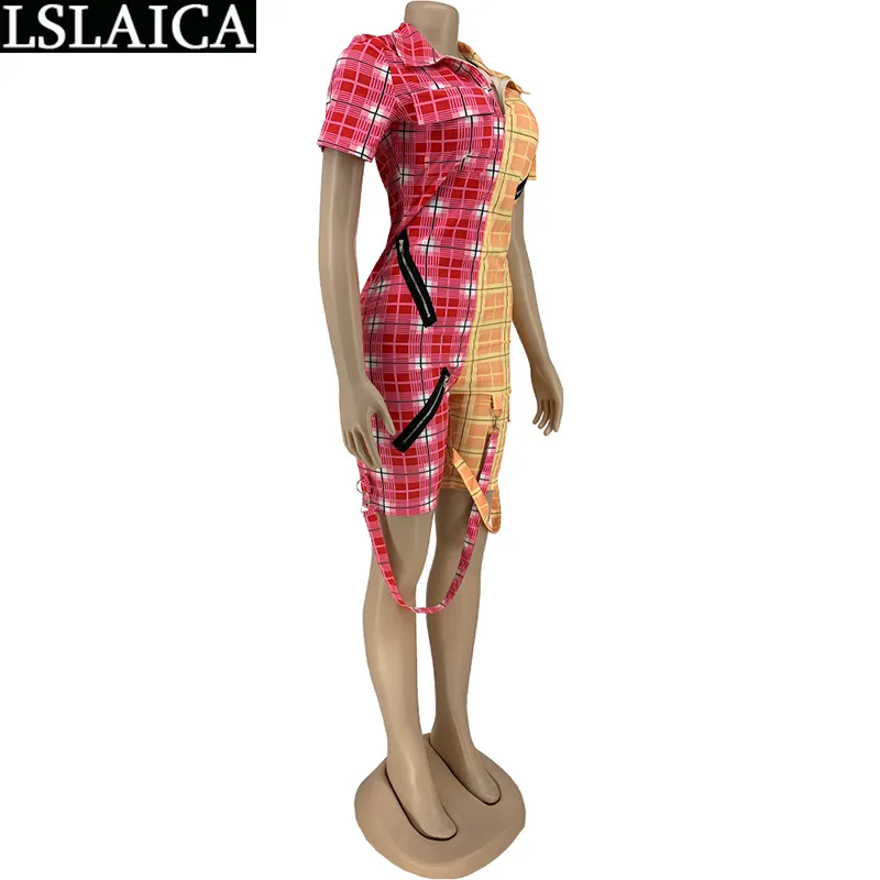 Dorywczo kombinezony Plaid Drukowanie Kolor Dopasowywanie Ubrania Dla Kobiet Patchwork Slim Zipper Moda Przyjazd Cortos de Mujer 210520