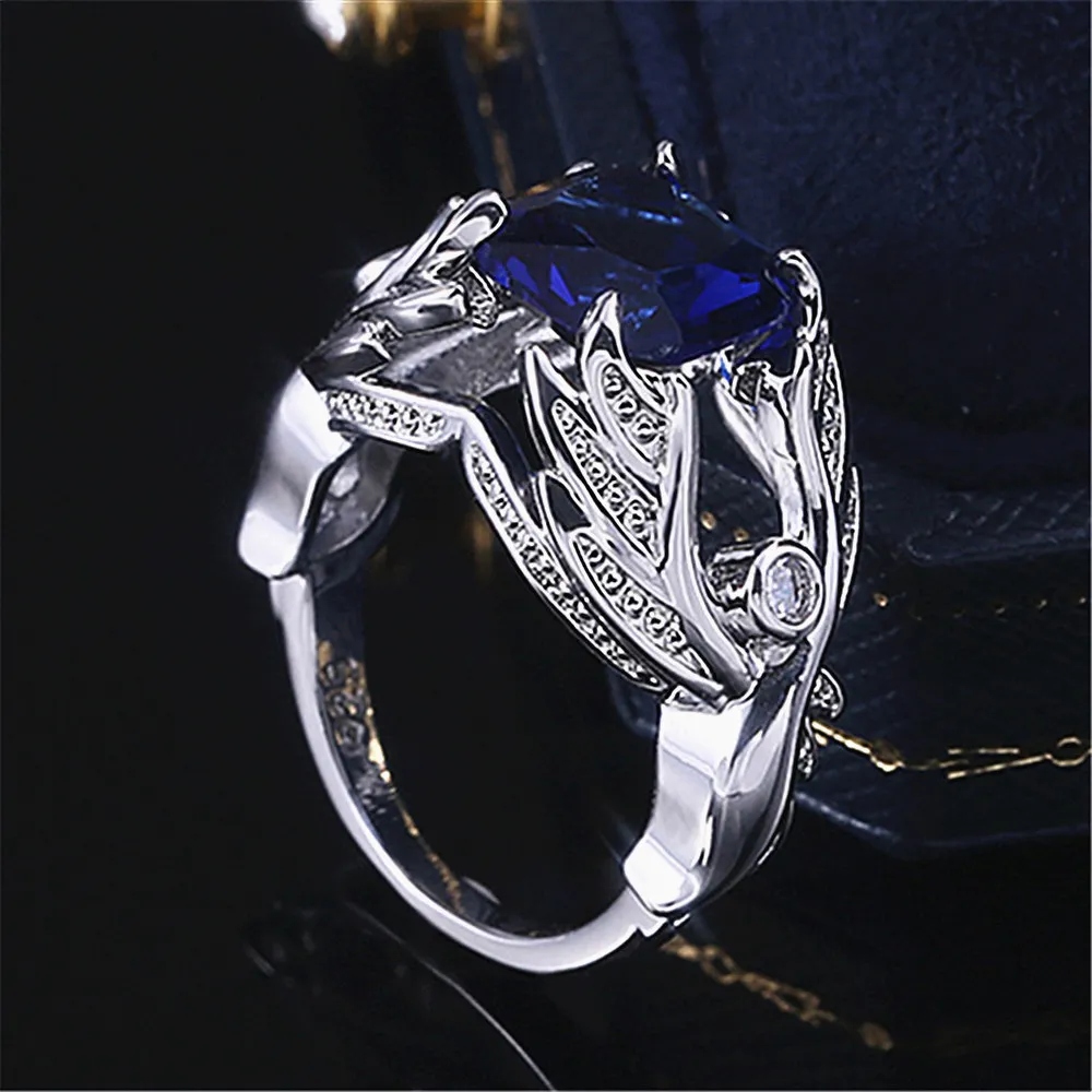 Mode engel vleugels blauwe kristallen saffier edelstenen diamanten ringen voor vrouwen mannen wit goud zilver kleur sieraden bague accessoire