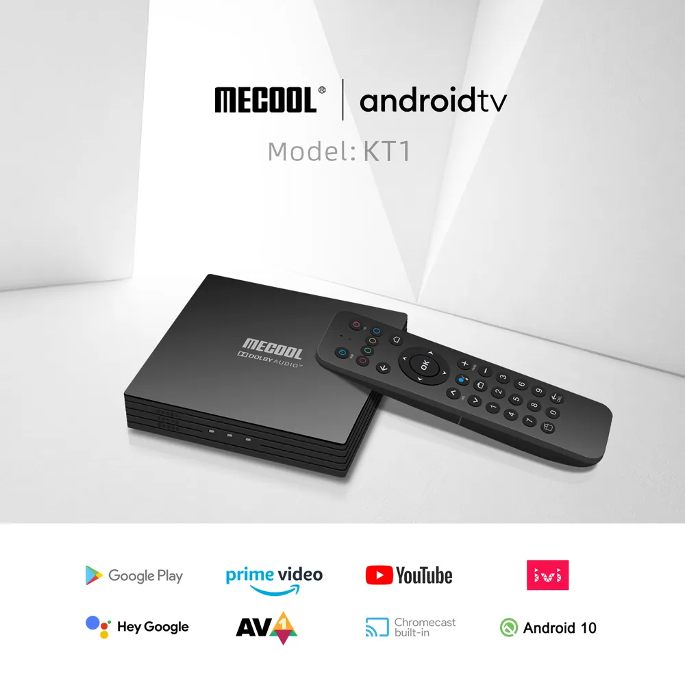 Mecool KT1 Google-zertifizierte Smart-TV-Box Android 10.0 DVB-T DVB-T2 Amlogic S905X4, unterstützt AV1 4K 60fps 2T2R Dual WIFI USB3.0 Sprachsuchfernbedienung