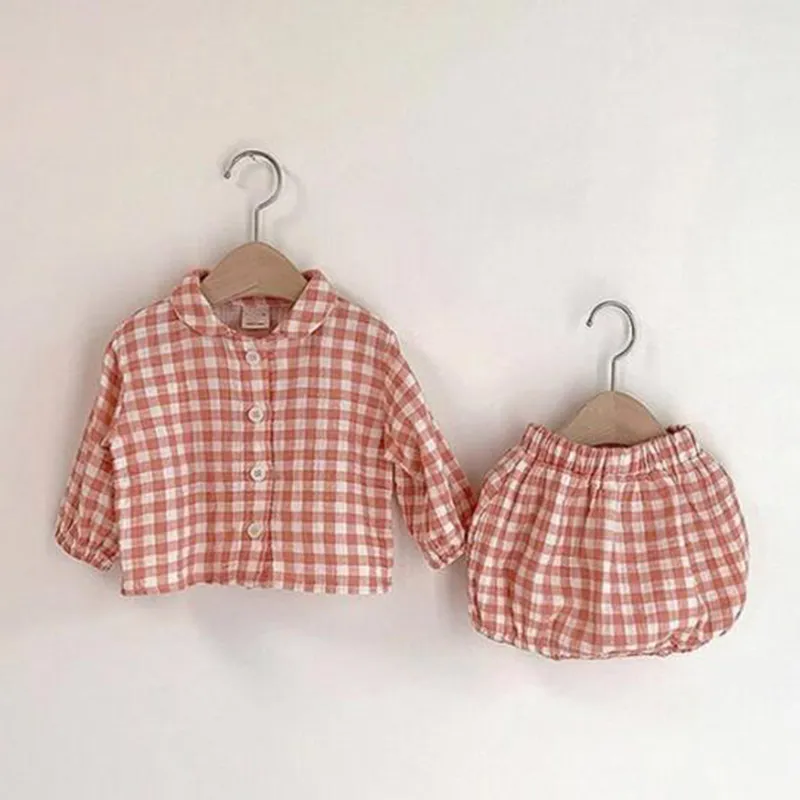 Baby Cloting Sets Clothing Plaid Full Sleeve Shirt and Bloomer Boys Clothes Fashion Toddler Girls 210429