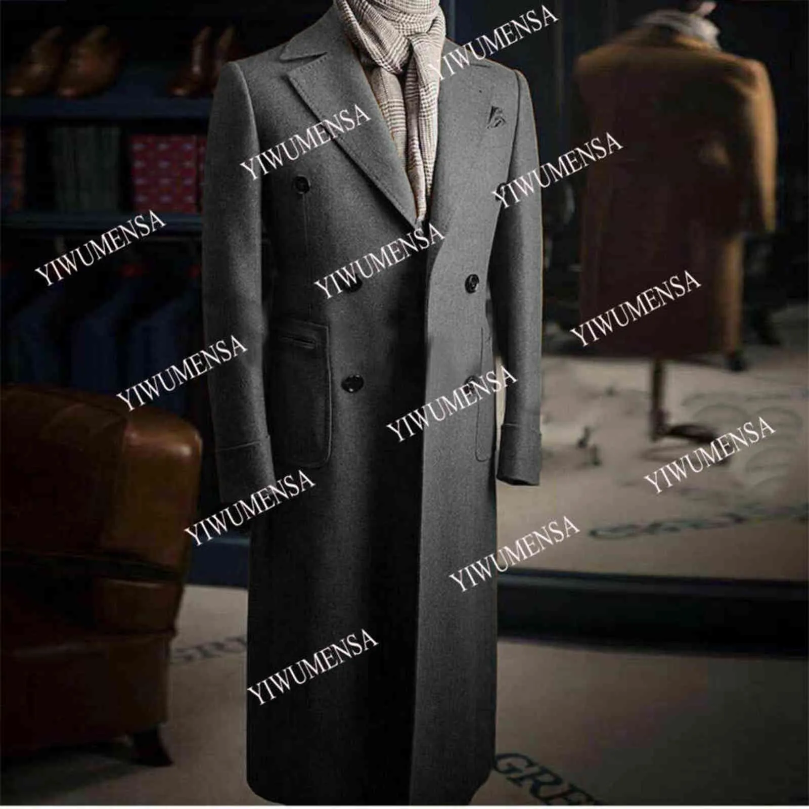 Yiwumensa Ankomst Tweed Peaked Lapel Wool Blandningar Långärmade Mänskassor för bröllopsjacka Dubbelbröst Groomsman Coat 211122