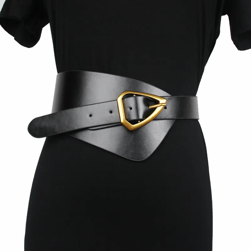 نساء جديدات من الجلد على نطاق واسع حزام المثلث المعدني دبوس دبوس مشد حزام أزياء الإناث cummerbunds ناعمة كبيرة حزام حزامات j12095859056