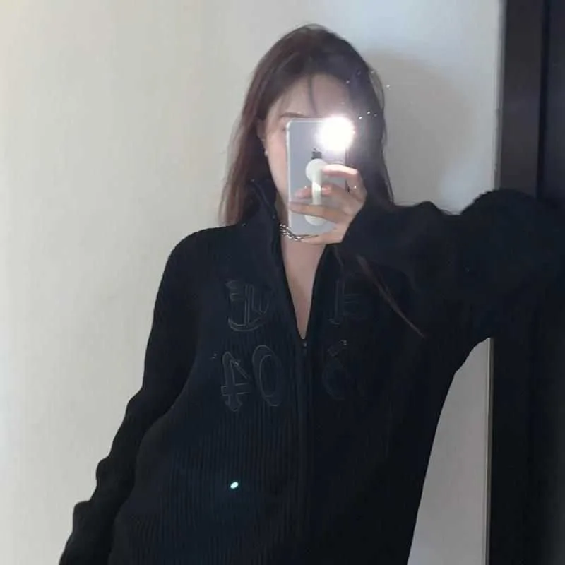 Carta Bordado Sweater Oversized Mulheres Suéteres Zip-Up Manga Longa Solta Cardigan Coreano Chic Knitwear Outerwear Y2K Tops 211007