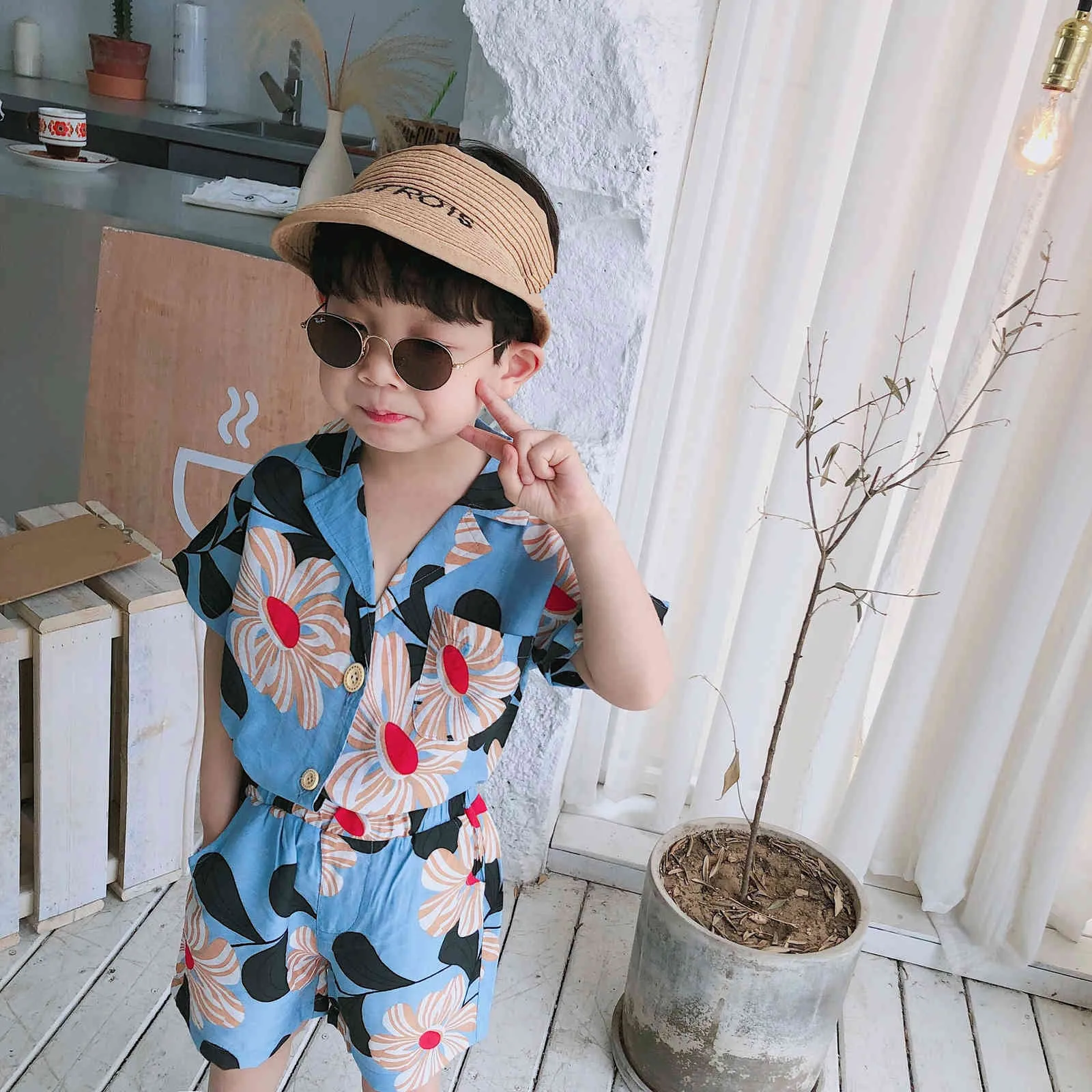 Letnia Moda Chłopcy Odzież Floral Beach Styl Soft Toddler Oddychająca T Shirt + Spodenki 2 sztuk Zestaw 210515