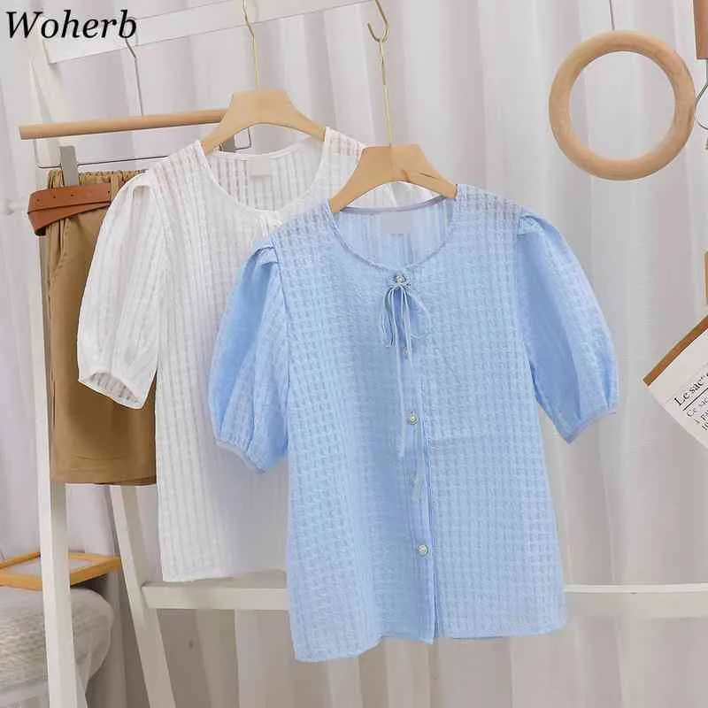 Elegance Chic Chiffon Blouse All Match Casual Puff Sleeve Tops Loose Girls Sweet Summer Short Sleeves Blusas 210519