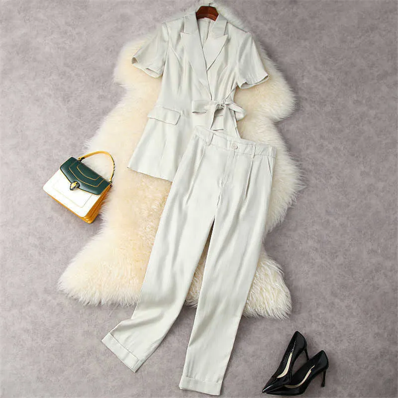 女性のズボン2ピースセットサマーデザイナーファッション半袖コットンリネンブレザースーツパンツオフィスレディーアウトフィットワークウェアXXL 210601