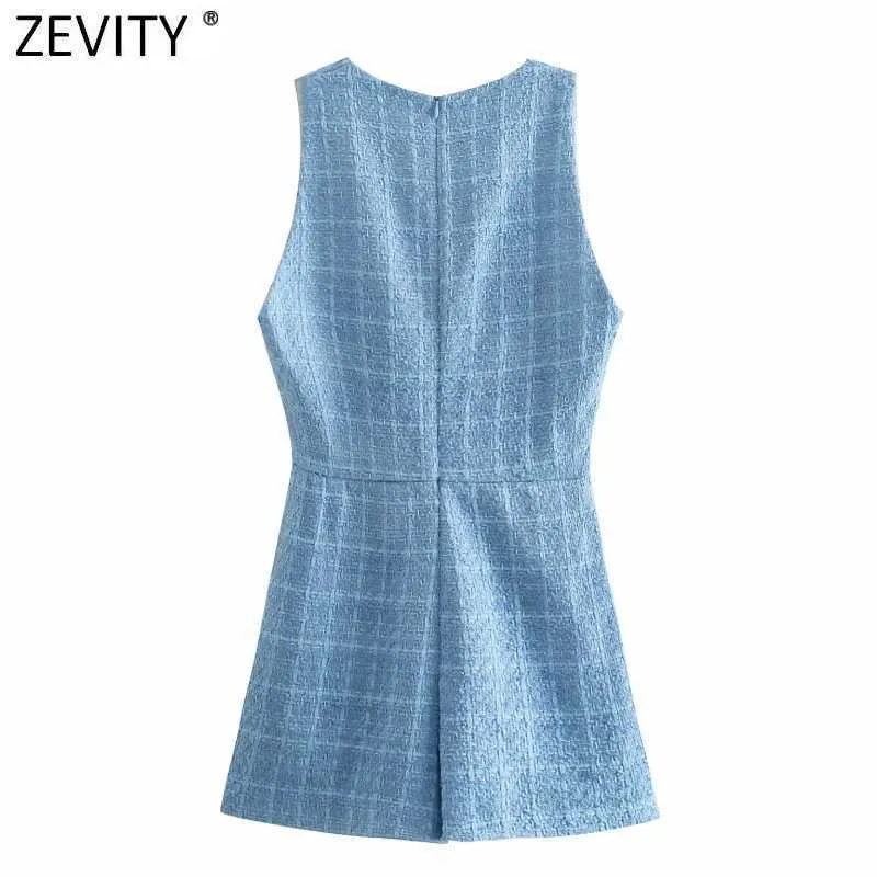 Zevity Women Fashion VネックノースリーブツイードウールプレイスーツオフィスレディバックジッパースリムシャムシックショーツロンパースP1010 210603