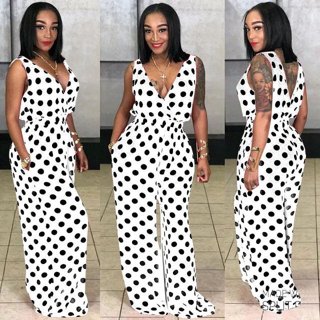 Mulheres Verão Jumpsuit Polka Dot Impressão V Neck Sem Mangas Sem Mangas Pé Casuais Beach Férias Fasesion Férias Romper Playsuits Feminino 210416